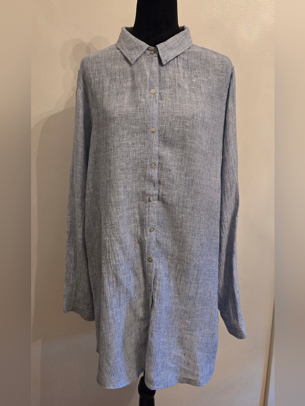 Tahari Womens Blue Linen Button Up Long Tunic Blouse Top Size XL